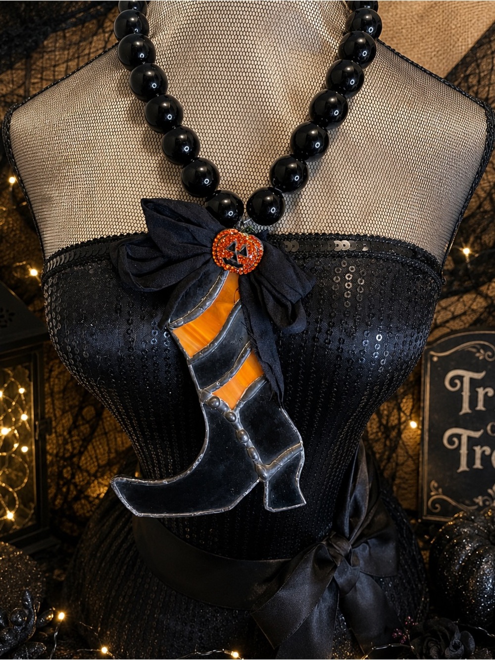 Gypsy South Black & Orange Witch Boot Statement Necklace - Women Accessories